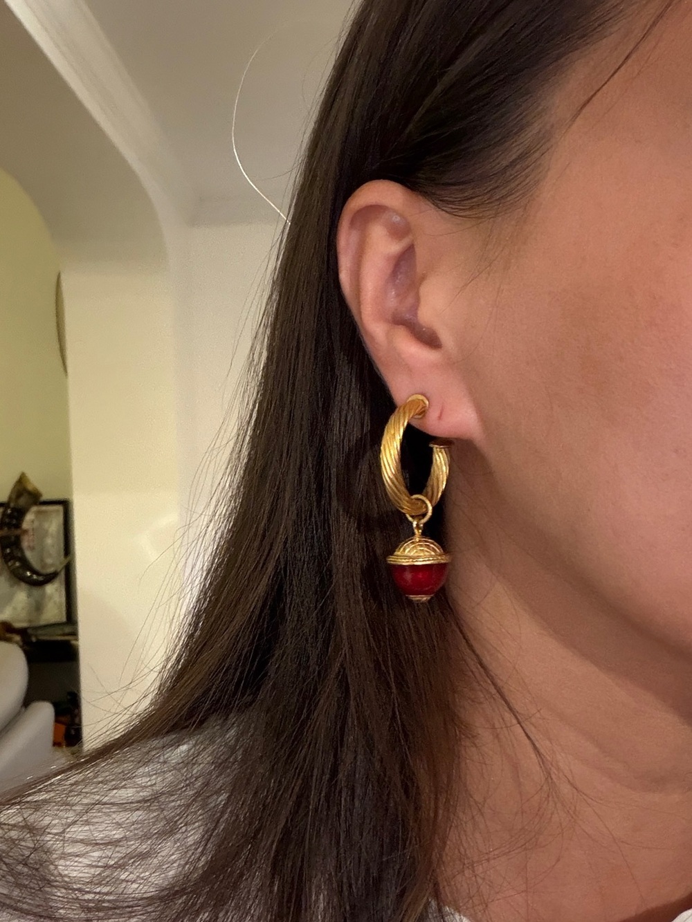 Vintage Gold Hoop Earrings with Red Pendant - Women Jewelry